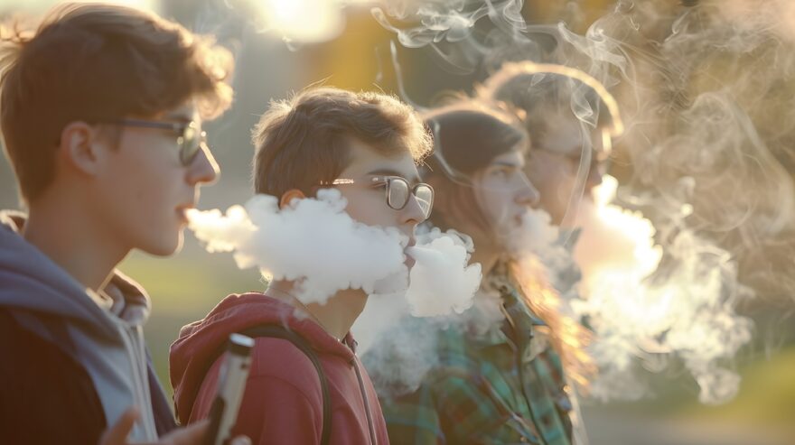 group of young teenagers smoke electronic cigarettes outdoors. The vaper releases smoke from his mouth.