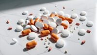 Opioid pills and tables. Opioid addiction Signs symptoms of opioid abuse