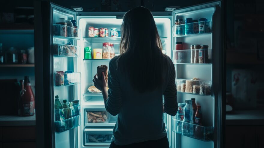 How to stop binge eating at night woman standing in front a a fridge